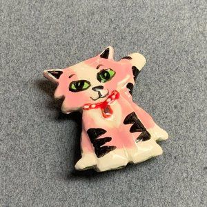 Handpainted Cat Pin Brooch Barbie Vintage Retro Pink Green Eyes Black White Red